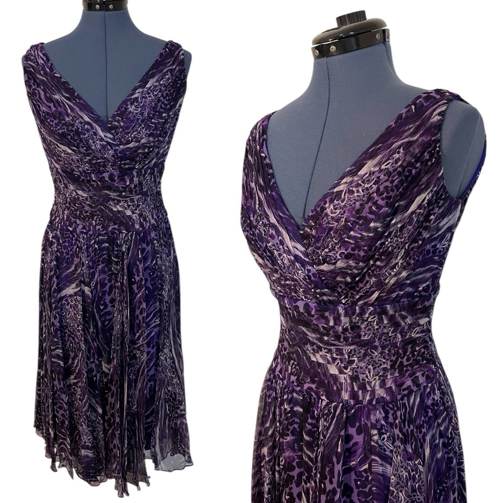 Tadashi Silk Purple Leopard Surplice Ruched Fit Flare‎ Dress Whimsigoth Fairy 8